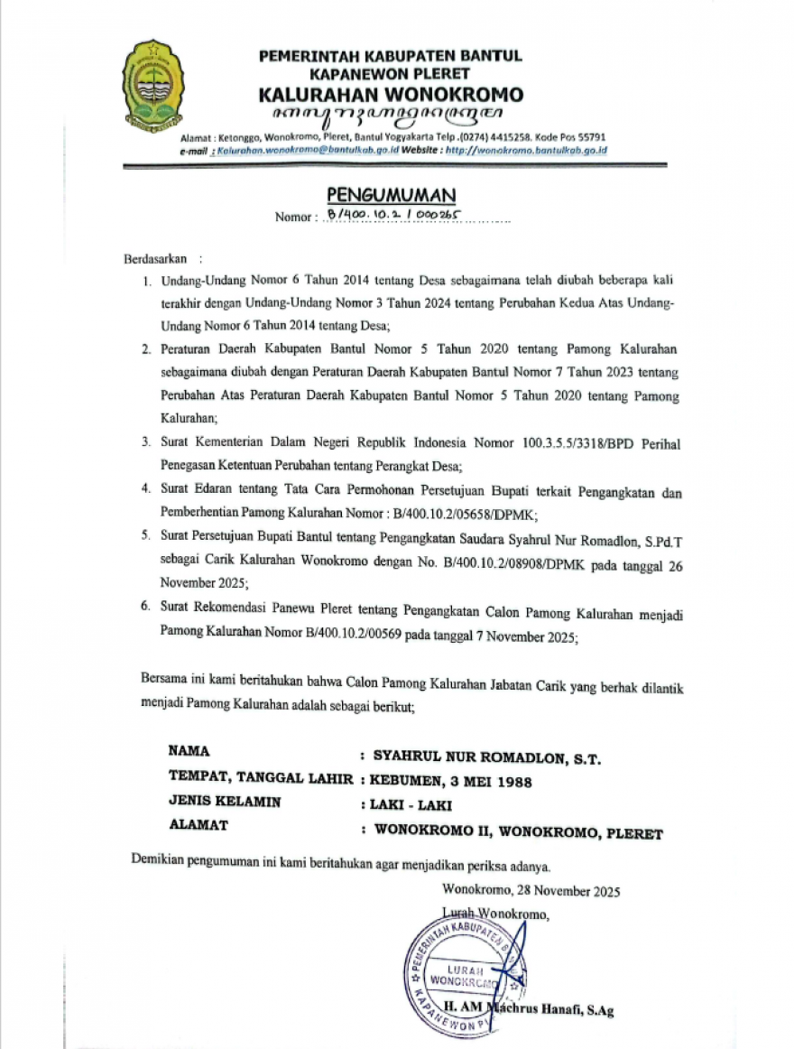 PENGUMUMAN CALON PAMONG KALURAHAN WONOKROMO JABATAN CARIK